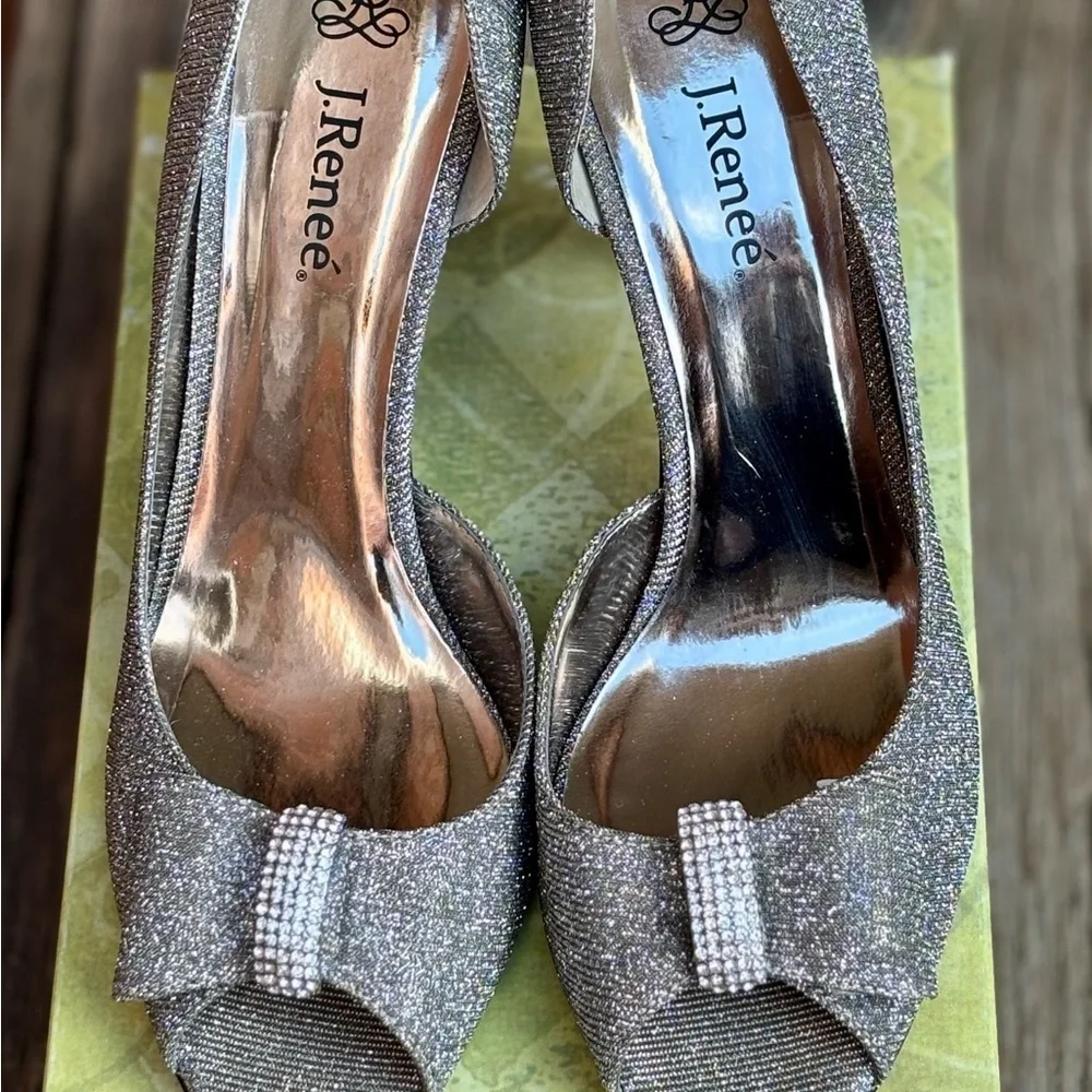 J RENEE Skylar Sparkle Shimmer Pewter Silver Heels Open Toe Pumps Sz 10M NEW - Picture 3 of 8